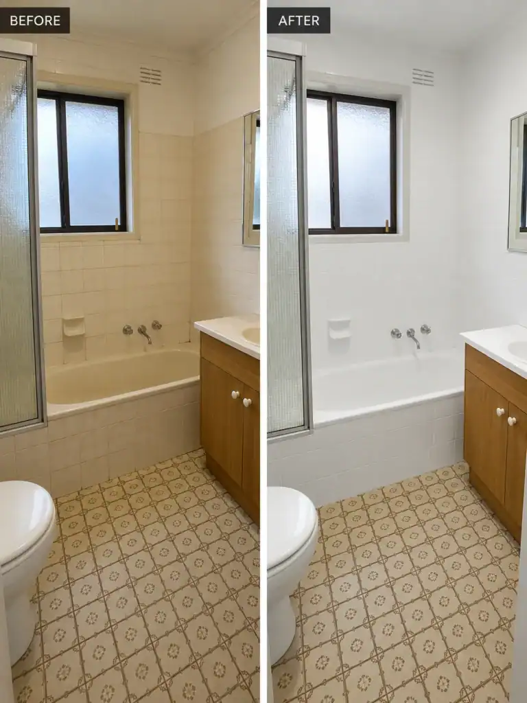 Bathroom tile resurfacing in South East Melbourne. Bathroom resurfacing by Melbourne Renovation Experts