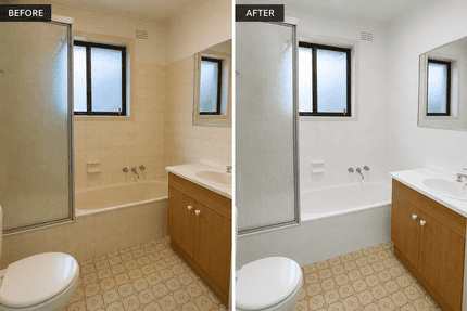 Bathroom resurfacing with clean white bath and tiles